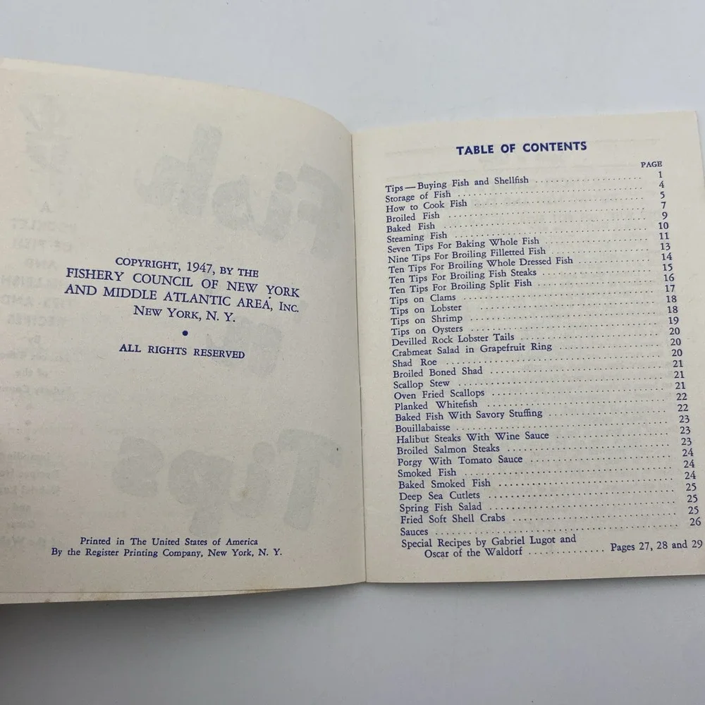 Vintage 1947 Fish N Tips Recipe‎ Booklet Shellfish by Frances Cabot